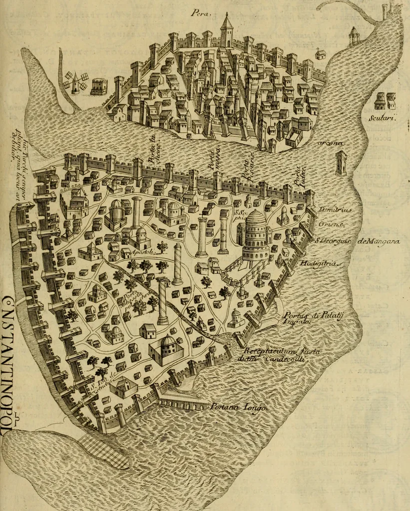 An illustration from Historia Byzantina duplici commentario illustrata : prior, Familias ac stemmata imperatorum constantinopolianorum, cum eorundem augustorum nomismatibus, & aliquot iconibus : praeterea familias dalmaticas & turcicas complecticur : alter, Descriptionem urbis constantinopolitanae, qualis extitit sub imperatoribus christianis, 1680, leaf 408