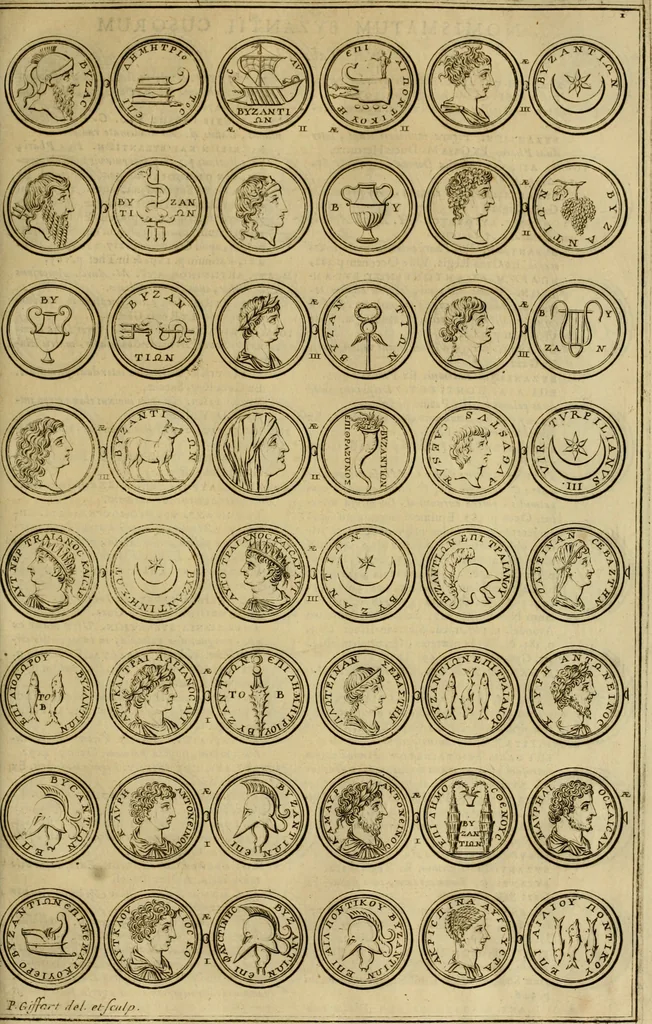An illustration from Historia Byzantina duplici commentario illustrata : prior, Familias ac stemmata imperatorum constantinopolianorum, cum eorundem augustorum nomismatibus, & aliquot iconibus : praeterea familias dalmaticas & turcicas complecticur : alter, Descriptionem urbis constantinopolitanae, qualis extitit sub imperatoribus christianis, 1680, leaf 410