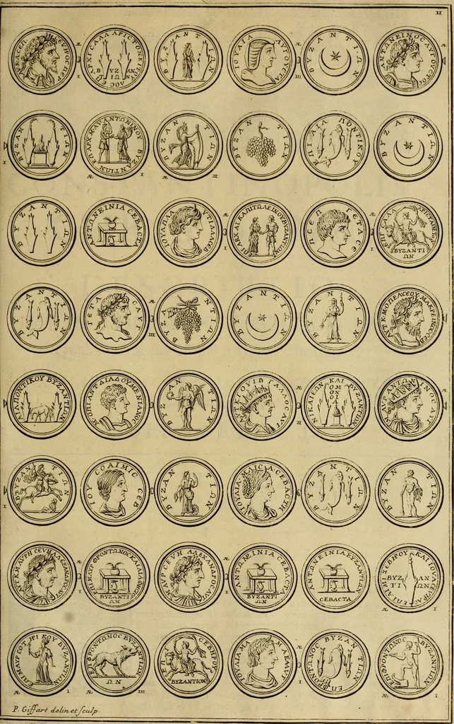 An illustration from Historia Byzantina duplici commentario illustrata : prior, Familias ac stemmata imperatorum constantinopolianorum, cum eorundem augustorum nomismatibus, & aliquot iconibus : praeterea familias dalmaticas & turcicas complecticur : alter, Descriptionem urbis constantinopolitanae, qualis extitit sub imperatoribus christianis, 1680, leaf 412