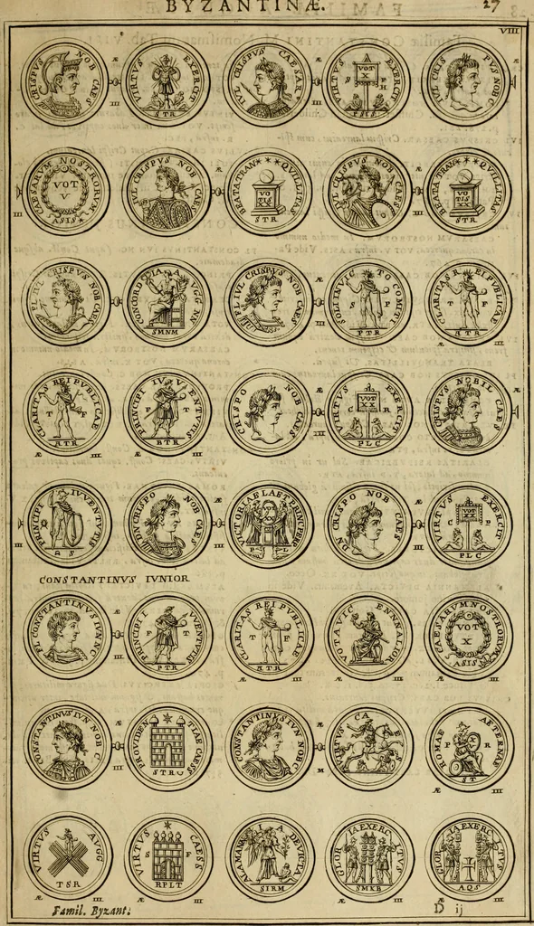 An illustration from Historia Byzantina duplici commentario illustrata : prior, Familias ac stemmata imperatorum constantinopolianorum, cum eorundem augustorum nomismatibus, & aliquot iconibus : praeterea familias dalmaticas & turcicas complecticur : alter, Descriptionem urbis constantinopolitanae, qualis extitit sub imperatoribus christianis, 1680, leaf 44