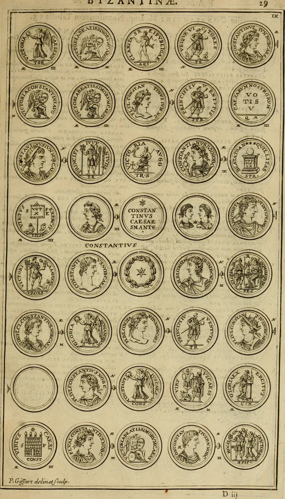 An illustration from Historia Byzantina duplici commentario illustrata : prior, Familias ac stemmata imperatorum constantinopolianorum, cum eorundem augustorum nomismatibus, & aliquot iconibus : praeterea familias dalmaticas & turcicas complecticur : alter, Descriptionem urbis constantinopolitanae, qualis extitit sub imperatoribus christianis, 1680, leaf 46