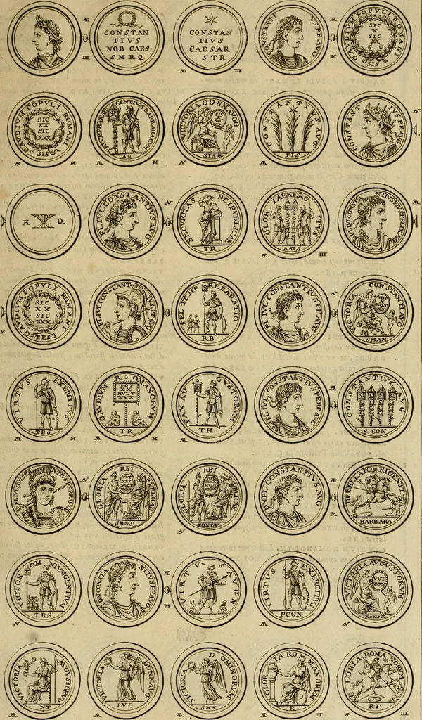 An illustration from Historia Byzantina duplici commentario illustrata : prior, Familias ac stemmata imperatorum constantinopolianorum, cum eorundem augustorum nomismatibus, & aliquot iconibus : praeterea familias dalmaticas & turcicas complecticur : alter, Descriptionem urbis constantinopolitanae, qualis extitit sub imperatoribus christianis, 1680, leaf 48