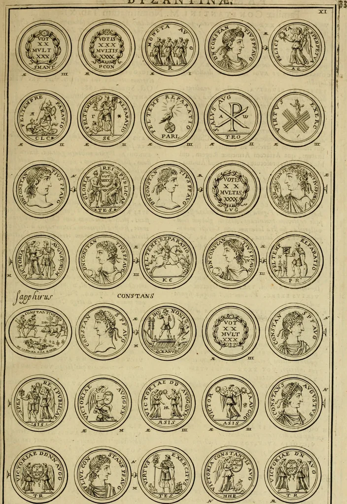 An illustration from Historia Byzantina duplici commentario illustrata : prior, Familias ac stemmata imperatorum constantinopolianorum, cum eorundem augustorum nomismatibus, & aliquot iconibus : praeterea familias dalmaticas & turcicas complecticur : alter, Descriptionem urbis constantinopolitanae, qualis extitit sub imperatoribus christianis, 1680, leaf 50