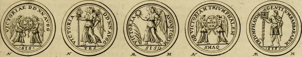 An illustration from Historia Byzantina duplici commentario illustrata : prior, Familias ac stemmata imperatorum constantinopolianorum, cum eorundem augustorum nomismatibus, & aliquot iconibus : praeterea familias dalmaticas & turcicas complecticur : alter, Descriptionem urbis constantinopolitanae, qualis extitit sub imperatoribus christianis, 1680, leaf 50