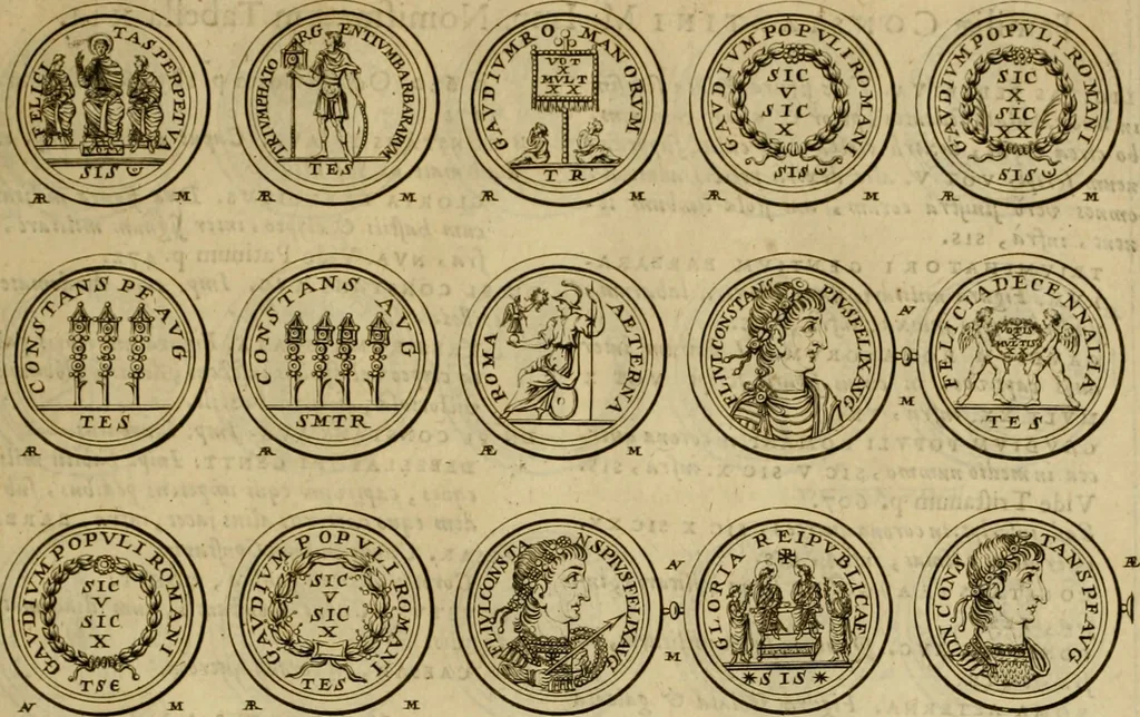An illustration from Historia Byzantina duplici commentario illustrata : prior, Familias ac stemmata imperatorum constantinopolianorum, cum eorundem augustorum nomismatibus, & aliquot iconibus : praeterea familias dalmaticas & turcicas complecticur : alter, Descriptionem urbis constantinopolitanae, qualis extitit sub imperatoribus christianis, 1680, leaf 52