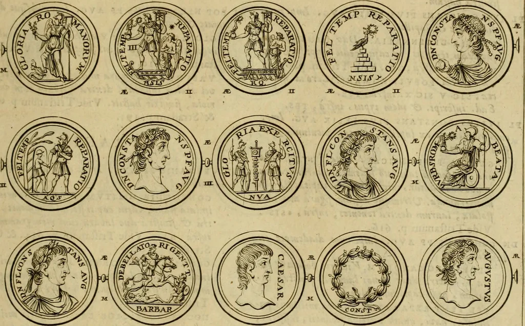 An illustration from Historia Byzantina duplici commentario illustrata : prior, Familias ac stemmata imperatorum constantinopolianorum, cum eorundem augustorum nomismatibus, & aliquot iconibus : praeterea familias dalmaticas & turcicas complecticur : alter, Descriptionem urbis constantinopolitanae, qualis extitit sub imperatoribus christianis, 1680, leaf 52