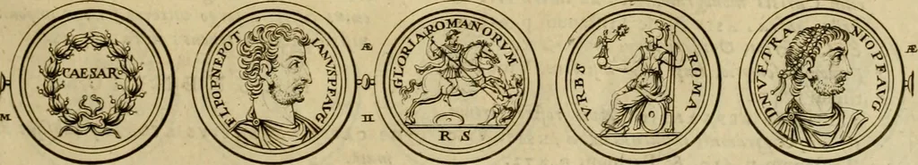 An illustration from Historia Byzantina duplici commentario illustrata : prior, Familias ac stemmata imperatorum constantinopolianorum, cum eorundem augustorum nomismatibus, & aliquot iconibus : praeterea familias dalmaticas & turcicas complecticur : alter, Descriptionem urbis constantinopolitanae, qualis extitit sub imperatoribus christianis, 1680, leaf 52