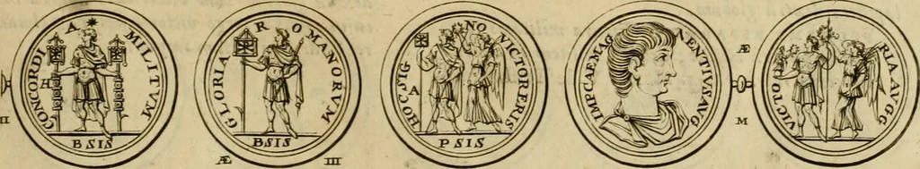 An illustration from Historia Byzantina duplici commentario illustrata : prior, Familias ac stemmata imperatorum constantinopolianorum, cum eorundem augustorum nomismatibus, & aliquot iconibus : praeterea familias dalmaticas & turcicas complecticur : alter, Descriptionem urbis constantinopolitanae, qualis extitit sub imperatoribus christianis, 1680, leaf 52