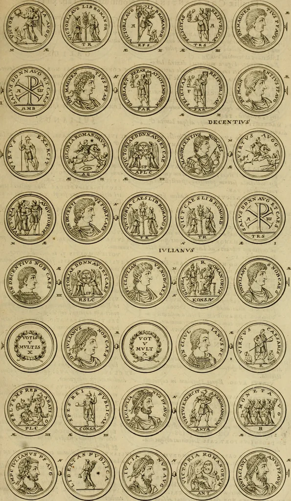 An illustration from Historia Byzantina duplici commentario illustrata : prior, Familias ac stemmata imperatorum constantinopolianorum, cum eorundem augustorum nomismatibus, & aliquot iconibus : praeterea familias dalmaticas & turcicas complecticur : alter, Descriptionem urbis constantinopolitanae, qualis extitit sub imperatoribus christianis, 1680, leaf 54