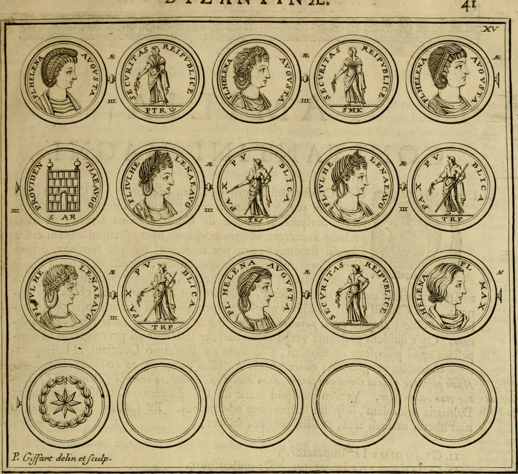 An illustration from Historia Byzantina duplici commentario illustrata : prior, Familias ac stemmata imperatorum constantinopolianorum, cum eorundem augustorum nomismatibus, & aliquot iconibus : praeterea familias dalmaticas & turcicas complecticur : alter, Descriptionem urbis constantinopolitanae, qualis extitit sub imperatoribus christianis, 1680, leaf 58