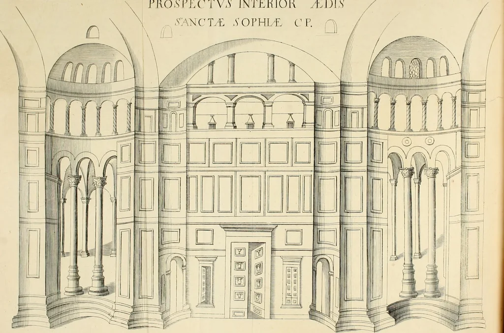 An illustration from Historia Byzantina duplici commentario illustrata : prior, Familias ac stemmata imperatorum constantinopolianorum, cum eorundem augustorum nomismatibus, & aliquot iconibus : praeterea familias dalmaticas & turcicas complecticur : alter, Descriptionem urbis constantinopolitanae, qualis extitit sub imperatoribus christianis, 1680, leaf 598
