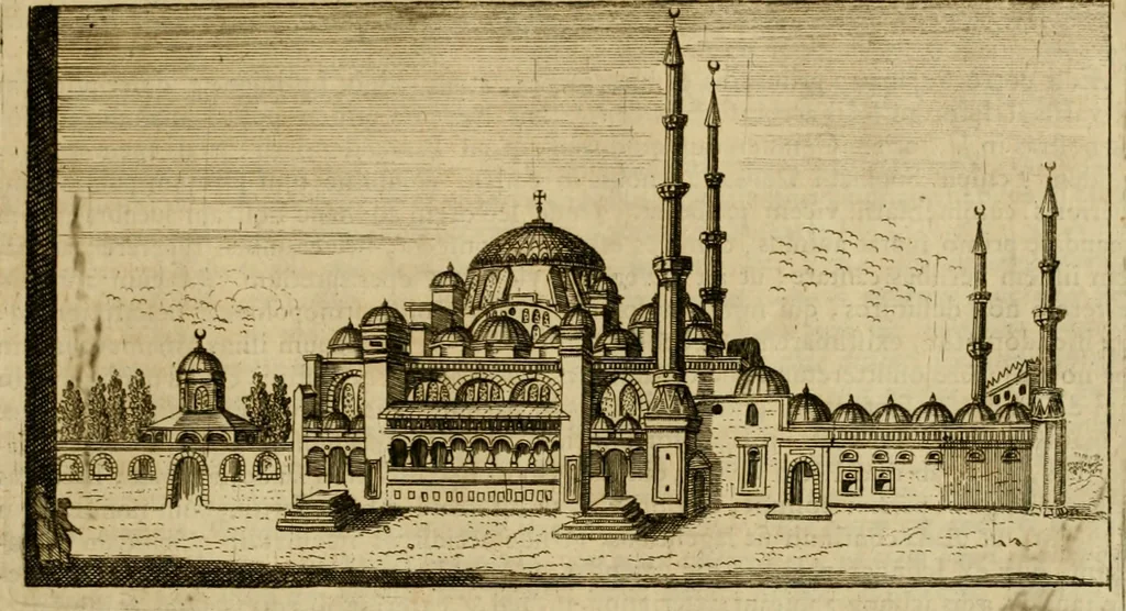 An illustration from Historia Byzantina duplici commentario illustrata : prior, Familias ac stemmata imperatorum constantinopolianorum, cum eorundem augustorum nomismatibus, & aliquot iconibus : praeterea familias dalmaticas & turcicas complecticur : alter, Descriptionem urbis constantinopolitanae, qualis extitit sub imperatoribus christianis, 1680, leaf 604