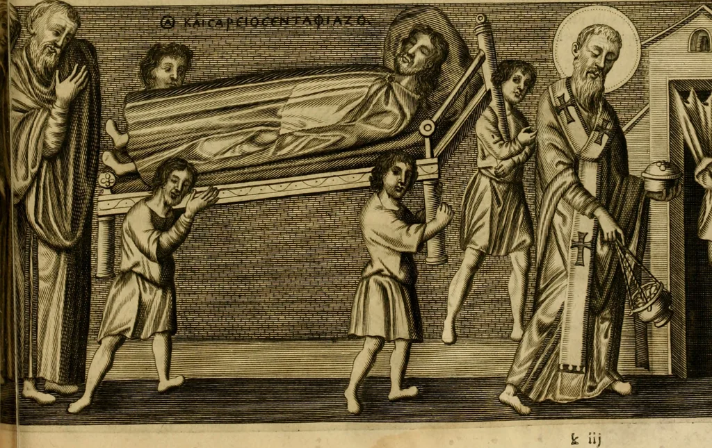 An illustration from Historia Byzantina duplici commentario illustrata : prior, Familias ac stemmata imperatorum constantinopolianorum, cum eorundem augustorum nomismatibus, & aliquot iconibus : praeterea familias dalmaticas & turcicas complecticur : alter, Descriptionem urbis constantinopolitanae, qualis extitit sub imperatoribus christianis, 1680, leaf 676