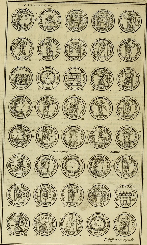 An illustration from Historia Byzantina duplici commentario illustrata : prior, Familias ac stemmata imperatorum constantinopolianorum, cum eorundem augustorum nomismatibus, & aliquot iconibus : praeterea familias dalmaticas & turcicas complecticur : alter, Descriptionem urbis constantinopolitanae, qualis extitit sub imperatoribus christianis, 1680, leaf 71