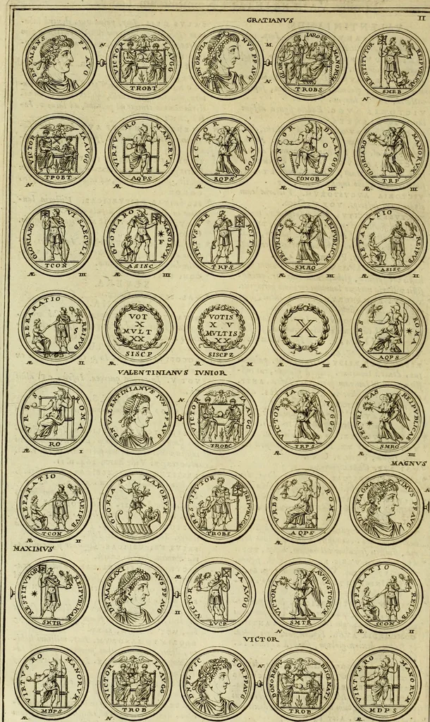 An illustration from Historia Byzantina duplici commentario illustrata : prior, Familias ac stemmata imperatorum constantinopolianorum, cum eorundem augustorum nomismatibus, & aliquot iconibus : praeterea familias dalmaticas & turcicas complecticur : alter, Descriptionem urbis constantinopolitanae, qualis extitit sub imperatoribus christianis, 1680, leaf 73