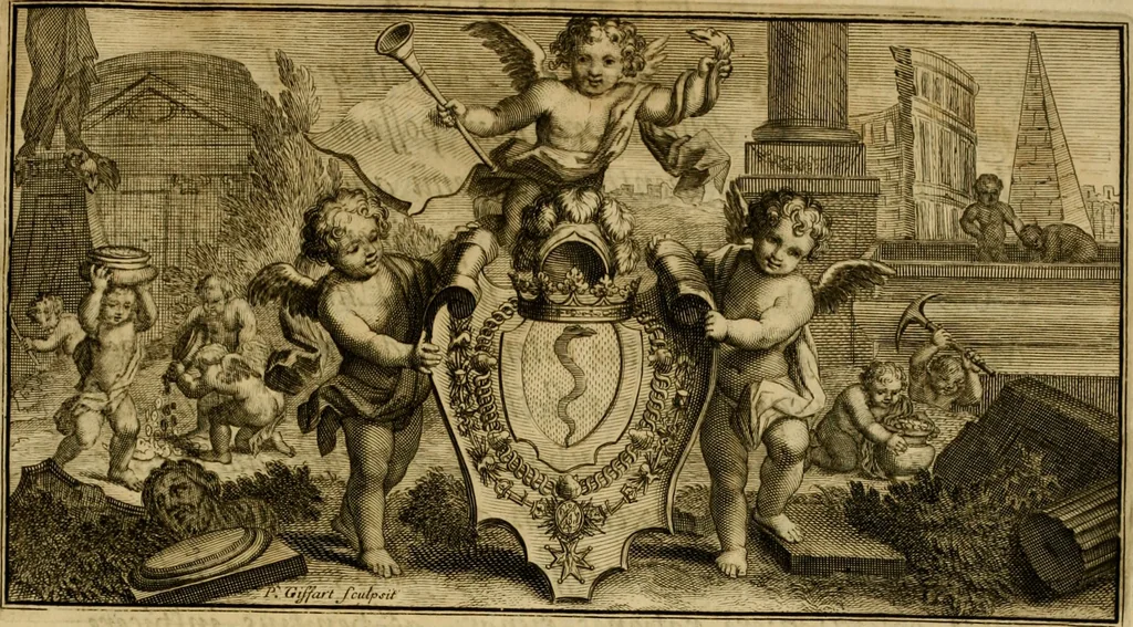 An illustration from Historia Byzantina duplici commentario illustrata : prior, Familias ac stemmata imperatorum constantinopolianorum, cum eorundem augustorum nomismatibus, & aliquot iconibus : praeterea familias dalmaticas & turcicas complecticur : alter, Descriptionem urbis constantinopolitanae, qualis extitit sub imperatoribus christianis, 1680, leaf 8