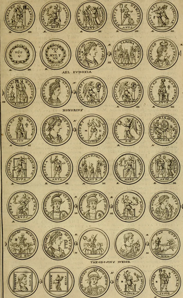 An illustration from Historia Byzantina duplici commentario illustrata : prior, Familias ac stemmata imperatorum constantinopolianorum, cum eorundem augustorum nomismatibus, & aliquot iconibus : praeterea familias dalmaticas & turcicas complecticur : alter, Descriptionem urbis constantinopolitanae, qualis extitit sub imperatoribus christianis, 1680, leaf 80
