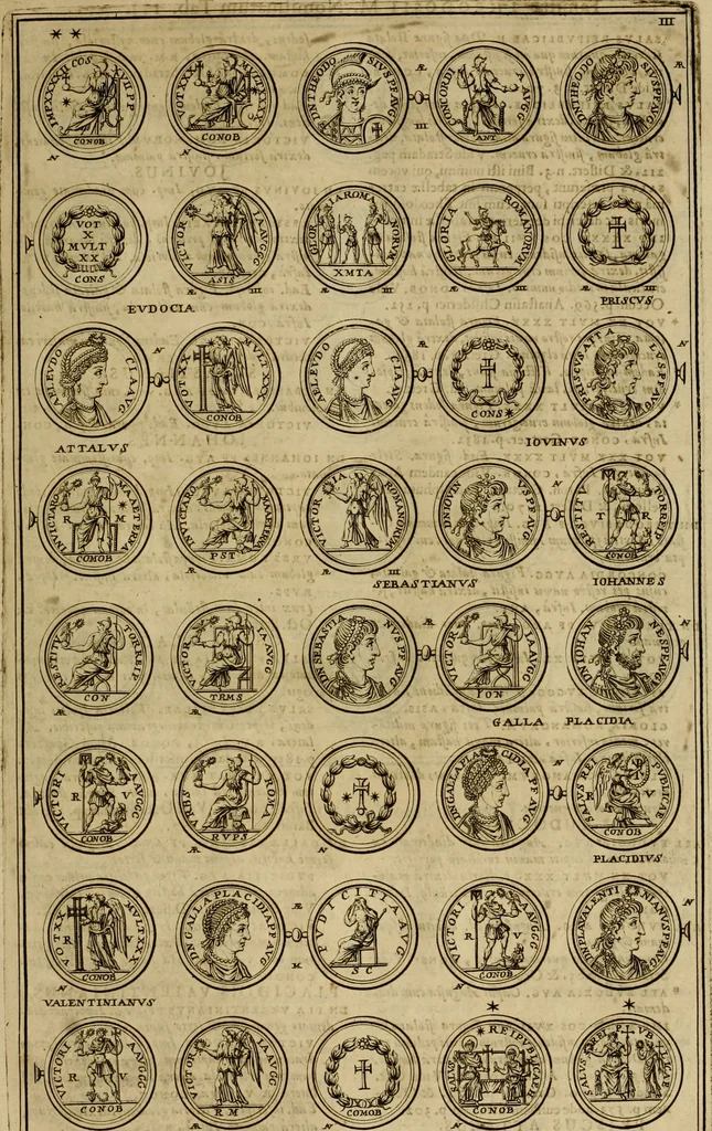 An illustration from Historia Byzantina duplici commentario illustrata : prior, Familias ac stemmata imperatorum constantinopolianorum, cum eorundem augustorum nomismatibus, & aliquot iconibus : praeterea familias dalmaticas & turcicas complecticur : alter, Descriptionem urbis constantinopolitanae, qualis extitit sub imperatoribus christianis, 1680, leaf 82