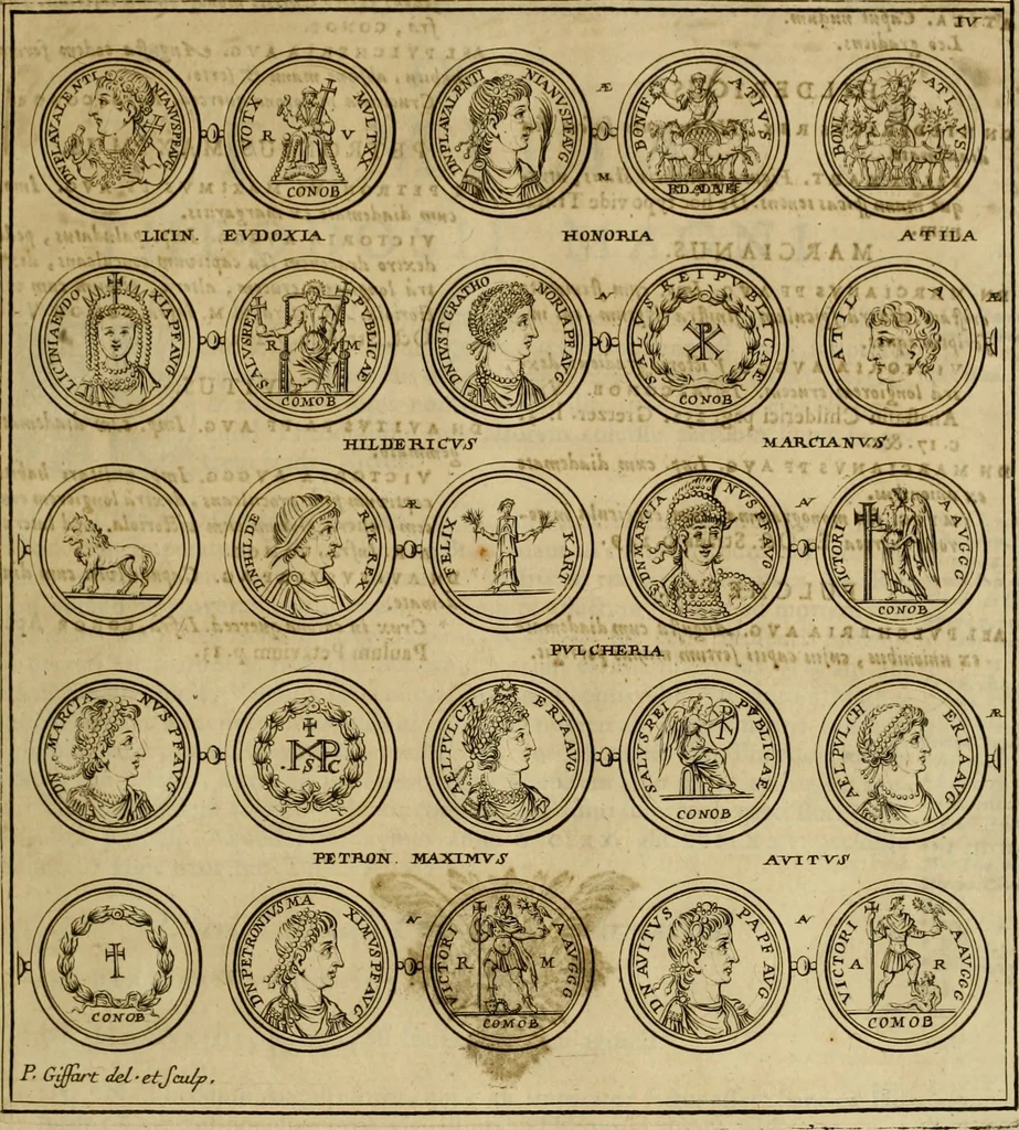 An illustration from Historia Byzantina duplici commentario illustrata : prior, Familias ac stemmata imperatorum constantinopolianorum, cum eorundem augustorum nomismatibus, & aliquot iconibus : praeterea familias dalmaticas & turcicas complecticur : alter, Descriptionem urbis constantinopolitanae, qualis extitit sub imperatoribus christianis, 1680, leaf 84