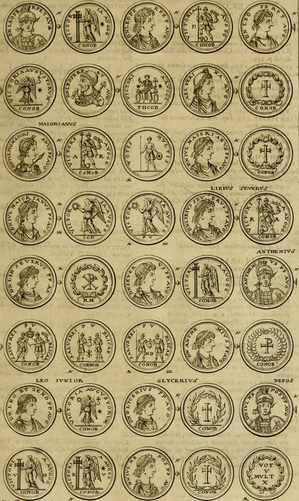 An illustration from Historia Byzantina duplici commentario illustrata : prior, Familias ac stemmata imperatorum constantinopolianorum, cum eorundem augustorum nomismatibus, & aliquot iconibus : praeterea familias dalmaticas & turcicas complecticur : alter, Descriptionem urbis constantinopolitanae, qualis extitit sub imperatoribus christianis, 1680, leaf 94