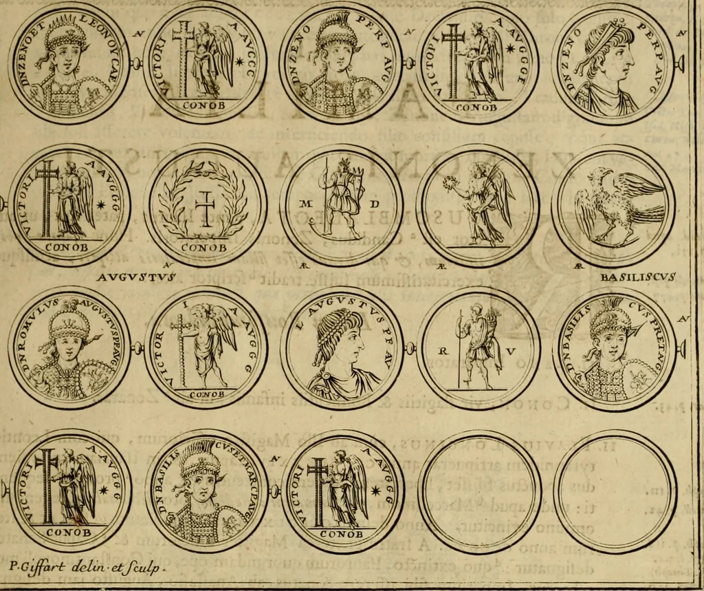 An illustration from Historia Byzantina duplici commentario illustrata : prior, Familias ac stemmata imperatorum constantinopolianorum, cum eorundem augustorum nomismatibus, & aliquot iconibus : praeterea familias dalmaticas & turcicas complecticur : alter, Descriptionem urbis constantinopolitanae, qualis extitit sub imperatoribus christianis, 1680, leaf 98