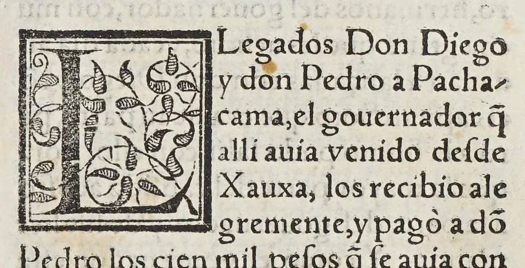 An illustration from Historia del descubrimiento y conquista de las prouincias del Peru, : y de los successos que en ella ha auido, desde que se conquistò, hasta que el licenciado de la Gasca obispo de Siguença boluio a estos reynos: y de las cosas naturales que en la dicha prouincia se hallan dignas de memoria., 1578, leaf 57