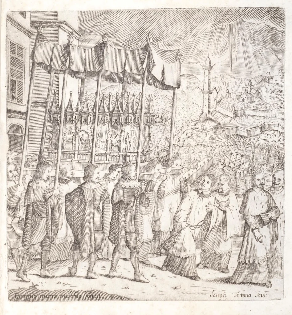 An illustration from Historia del glorioso precursore di N.S. S. Gio. Battista, protettore della citta di Genoua : nella quale si registra la sua vita e morte, & il successo delle sue sacratissime reliquie : come furono acquistate da' genouesi e portate nella loro patria, e come in essa sono custodite, e riuerentemente tenute, 1648, leaf 21