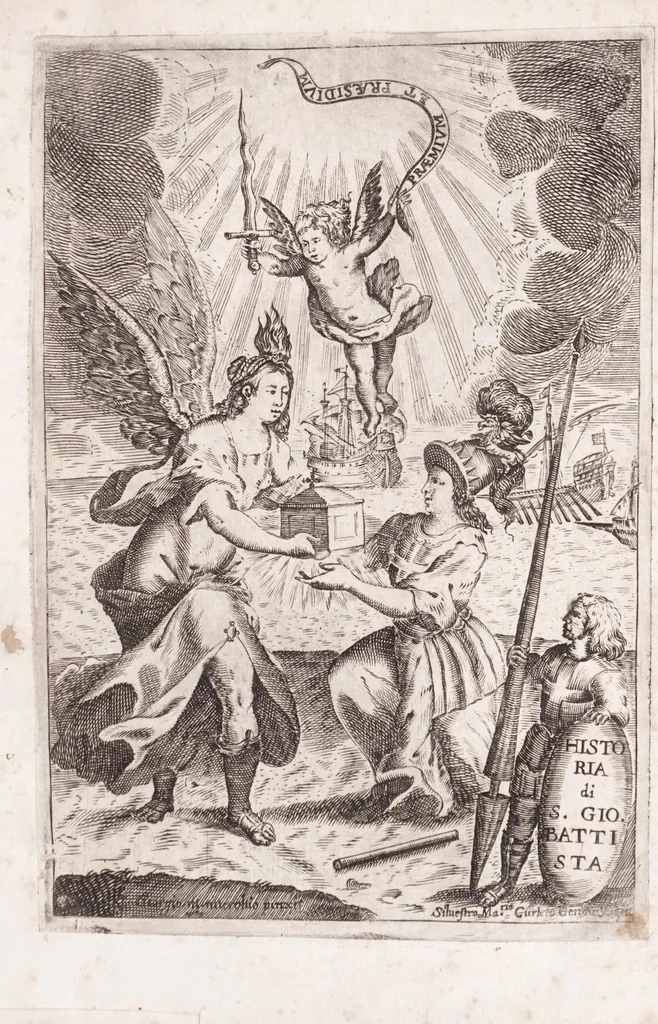 An illustration from Historia del glorioso precursore di N.S. S. Gio. Battista, protettore della citta di Genoua : nella quale si registra la sua vita e morte, & il successo delle sue sacratissime reliquie : come furono acquistate da' genouesi e portate nella loro patria, e come in essa sono custodite, e riuerentemente tenute, 1648, leaf 5