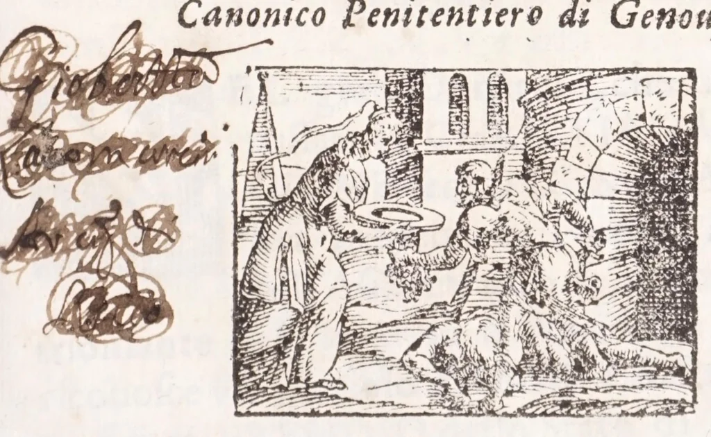 An illustration from Historia del glorioso precursore di N.S. S. Gio. Battista, protettore della citta di Genoua : nella quale si registra la sua vita e morte, & il successo delle sue sacratissime reliquie : come furono acquistate da' genouesi e portate nella loro patria, e come in essa sono custodite, e riuerentemente tenute, 1648, leaf 7