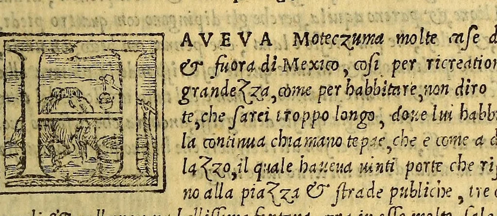 An illustration from Historia del illustriss. et ualorosiss. capitano don Ferdinando Cortes marchese della ualle, et quando discoperse, et acquisto la Nuoua Hispagna., 1556, leaf 165