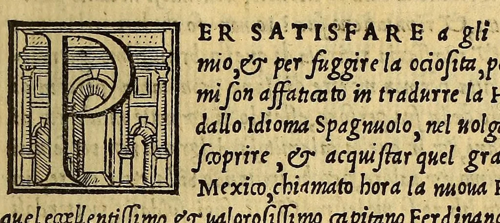 An illustration from Historia del illustriss. et ualorosiss. capitano don Ferdinando Cortes marchese della ualle, et quando discoperse, et acquisto la Nuoua Hispagna., 1556, leaf 7