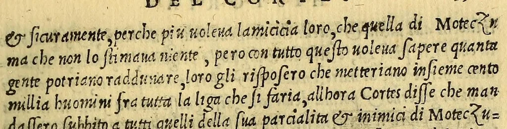 An illustration from Historia del illustriss. et ualorosiss. capitano don Ferdinando Cortes marchese della ualle, et quando discoperse, et acquisto la Nuoua Hispagna., 1556, leaf 97