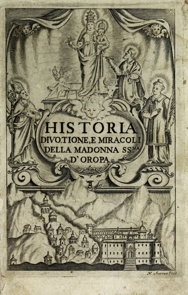 An illustration from Historia della Madonna santissima d'Oroppa : ne' monti della citta di Biella nel Piemonte : diuisa in libri trè .., 1659, leaf 5