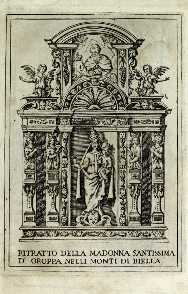 An illustration from Historia della Madonna santissima d'Oroppa : ne' monti della citta di Biella nel Piemonte : diuisa in libri trè .., 1659, leaf 9