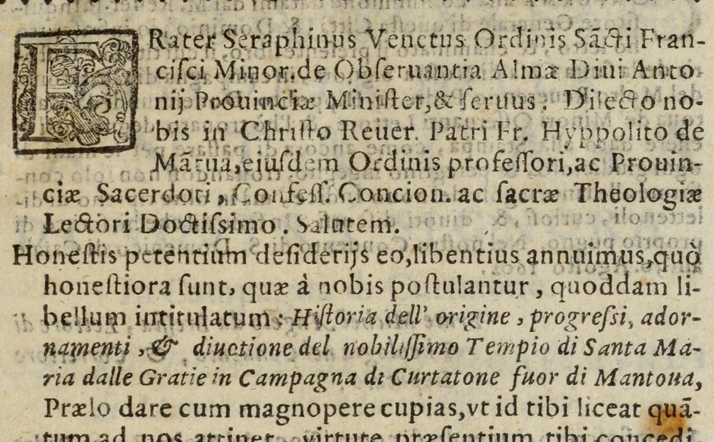 An illustration from Historia dell'origine, fondatione, et progressi del famosissimo tempio di S. Maria delle Gratie, in campagna di Curtatone fuori di Mantoua : con la descrittione del monastero dignissimo, sue giurisdittioni, & altre attinenze della sopradetta Santa Casa, 1603, leaf 15