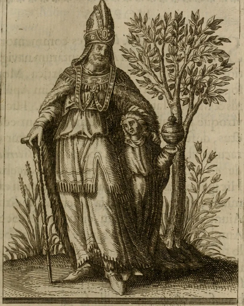An illustration from Historia deorum fatidicorum, vatum, sibyllarum, phoebadum, apud priscos illustrium : cum eorum iconibus : præposita est dissertatio de divinatione et oraculis, 1675, leaf 102