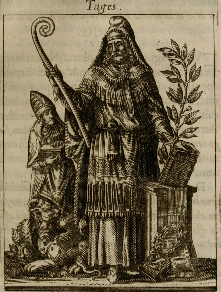 An illustration from Historia deorum fatidicorum, vatum, sibyllarum, phoebadum, apud priscos illustrium : cum eorum iconibus : præposita est dissertatio de divinatione et oraculis, 1675, leaf 124