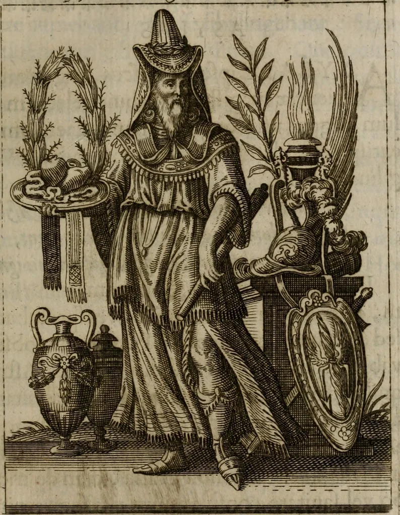 An illustration from Historia deorum fatidicorum, vatum, sibyllarum, phoebadum, apud priscos illustrium : cum eorum iconibus : præposita est dissertatio de divinatione et oraculis, 1675, leaf 128