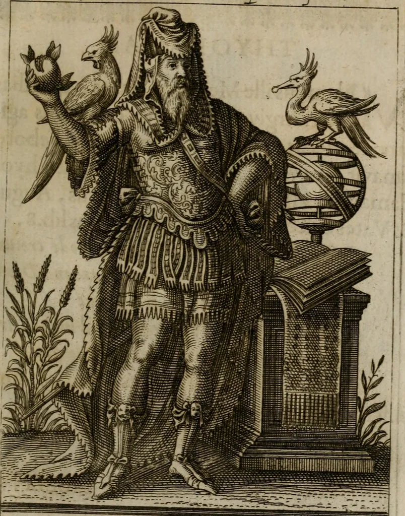 An illustration from Historia deorum fatidicorum, vatum, sibyllarum, phoebadum, apud priscos illustrium : cum eorum iconibus : præposita est dissertatio de divinatione et oraculis, 1675, leaf 134