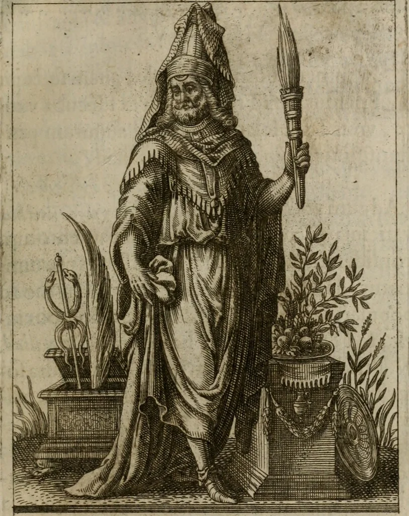 An illustration from Historia deorum fatidicorum, vatum, sibyllarum, phoebadum, apud priscos illustrium : cum eorum iconibus : præposita est dissertatio de divinatione et oraculis, 1675, leaf 136