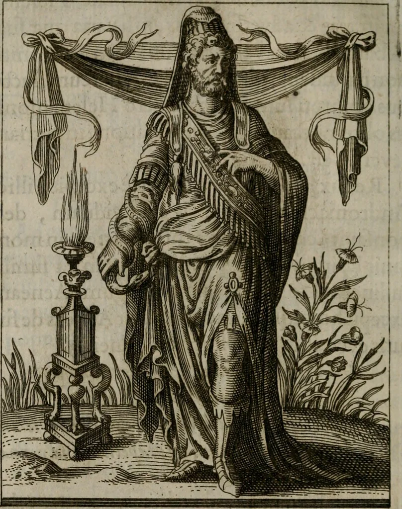 An illustration from Historia deorum fatidicorum, vatum, sibyllarum, phoebadum, apud priscos illustrium : cum eorum iconibus : præposita est dissertatio de divinatione et oraculis, 1675, leaf 139