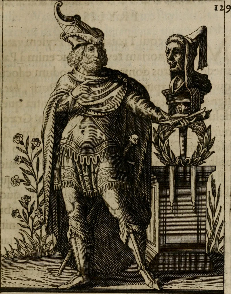 An illustration from Historia deorum fatidicorum, vatum, sibyllarum, phoebadum, apud priscos illustrium : cum eorum iconibus : præposita est dissertatio de divinatione et oraculis, 1675, leaf 142