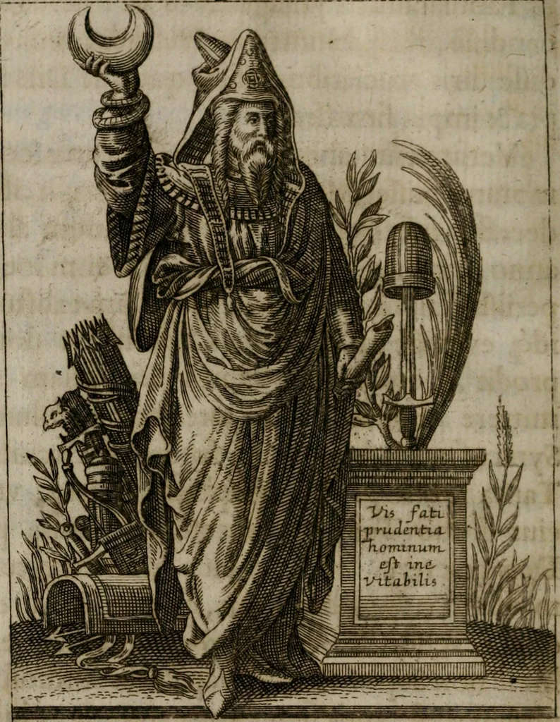 An illustration from Historia deorum fatidicorum, vatum, sibyllarum, phoebadum, apud priscos illustrium : cum eorum iconibus : præposita est dissertatio de divinatione et oraculis, 1675, leaf 157
