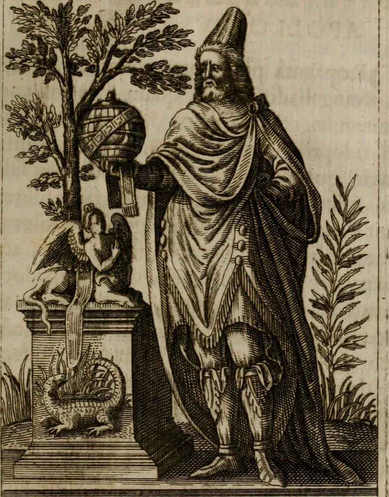 An illustration from Historia deorum fatidicorum, vatum, sibyllarum, phoebadum, apud priscos illustrium : cum eorum iconibus : præposita est dissertatio de divinatione et oraculis, 1675, leaf 160