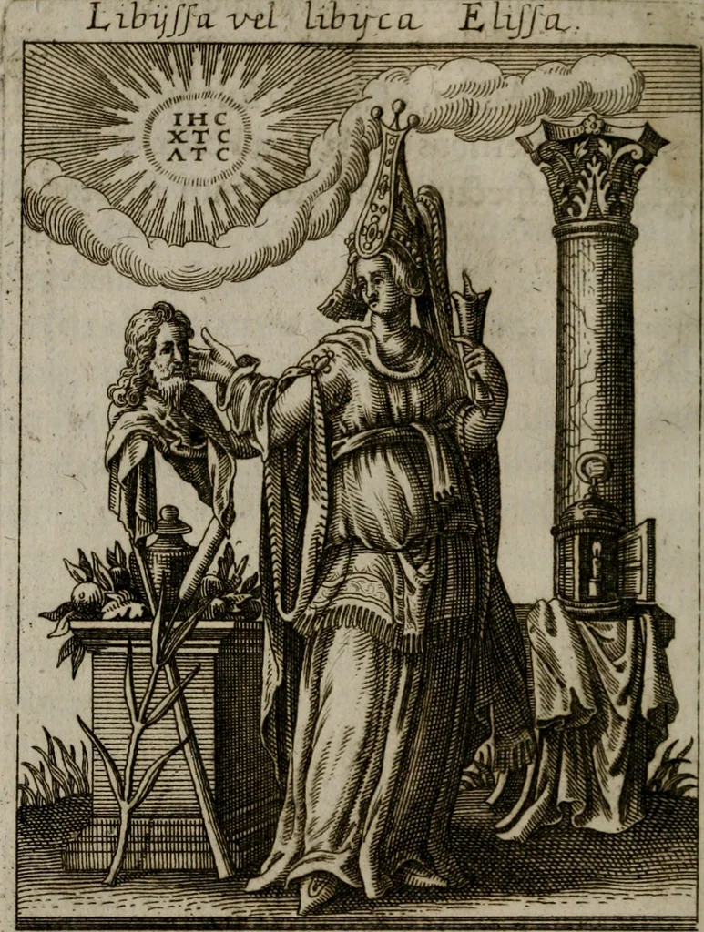 An illustration from Historia deorum fatidicorum, vatum, sibyllarum, phoebadum, apud priscos illustrium : cum eorum iconibus : præposita est dissertatio de divinatione et oraculis, 1675, leaf 197