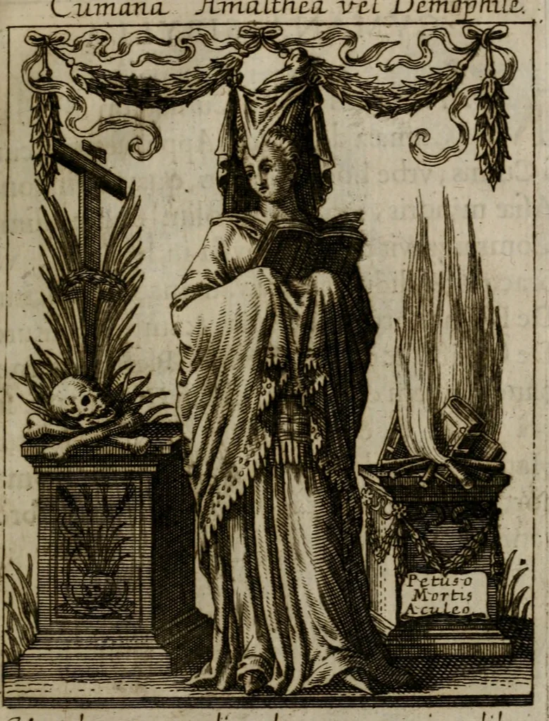 An illustration from Historia deorum fatidicorum, vatum, sibyllarum, phoebadum, apud priscos illustrium : cum eorum iconibus : præposita est dissertatio de divinatione et oraculis, 1675, leaf 214
