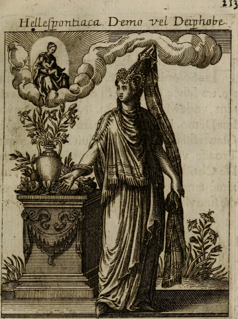 An illustration from Historia deorum fatidicorum, vatum, sibyllarum, phoebadum, apud priscos illustrium : cum eorum iconibus : præposita est dissertatio de divinatione et oraculis, 1675, leaf 216