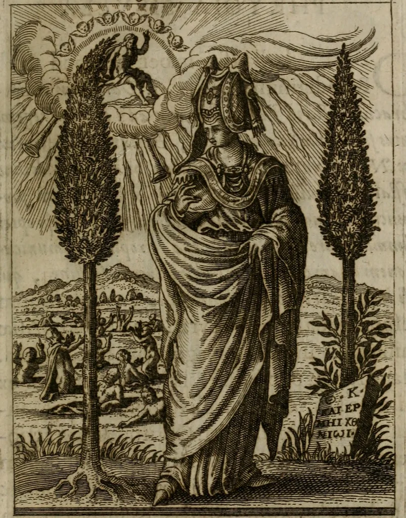 An illustration from Historia deorum fatidicorum, vatum, sibyllarum, phoebadum, apud priscos illustrium : cum eorum iconibus : præposita est dissertatio de divinatione et oraculis, 1675, leaf 218