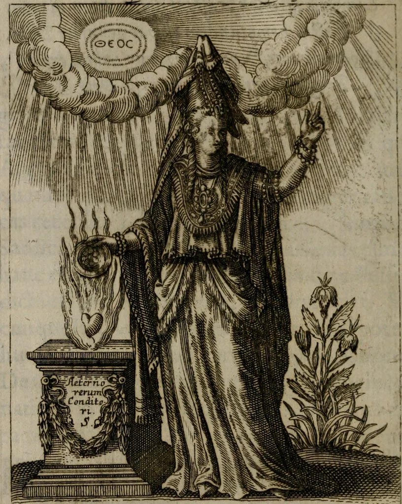 An illustration from Historia deorum fatidicorum, vatum, sibyllarum, phoebadum, apud priscos illustrium : cum eorum iconibus : præposita est dissertatio de divinatione et oraculis, 1675, leaf 227