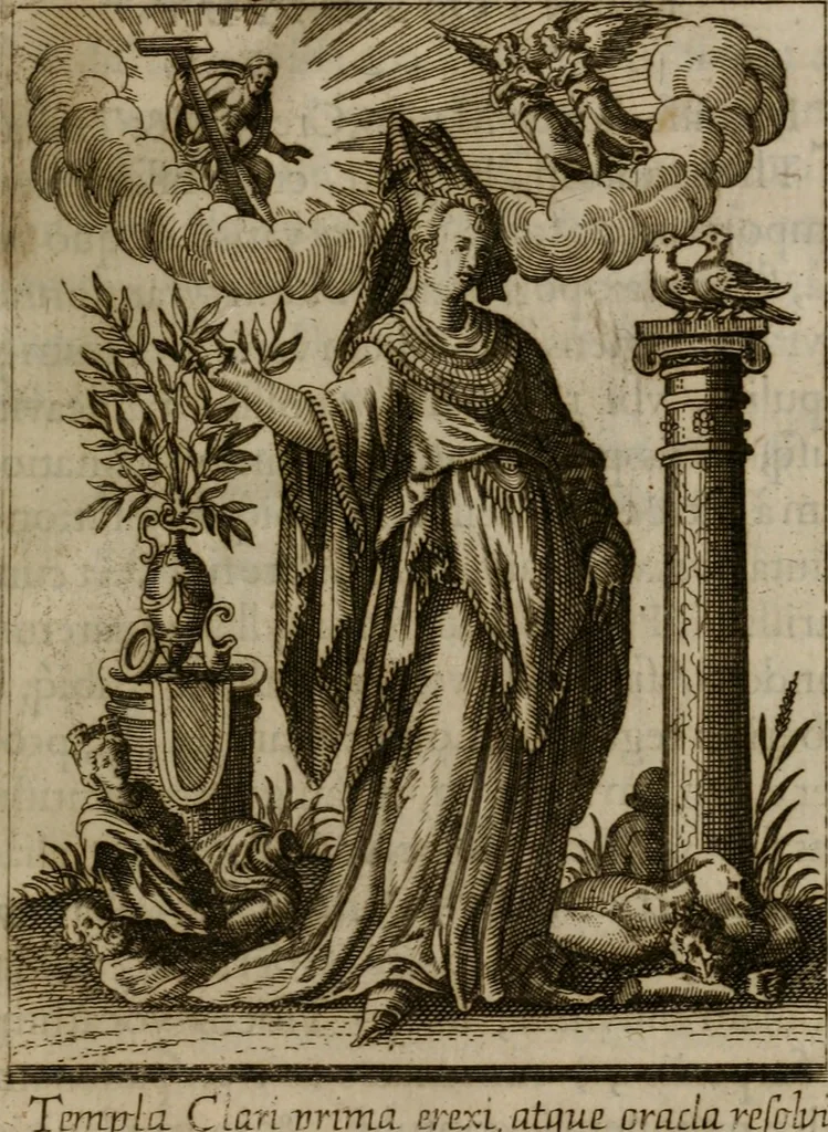 An illustration from Historia deorum fatidicorum, vatum, sibyllarum, phoebadum, apud priscos illustrium : cum eorum iconibus : præposita est dissertatio de divinatione et oraculis, 1675, leaf 230